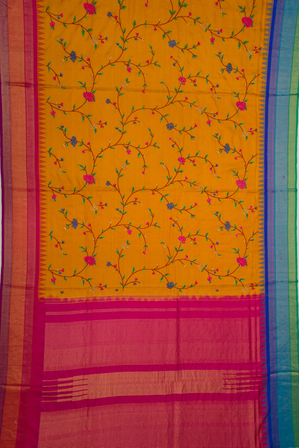 Banarasi Silk Floral Embroidery Mustard Saree With Ganga Jamuna Border