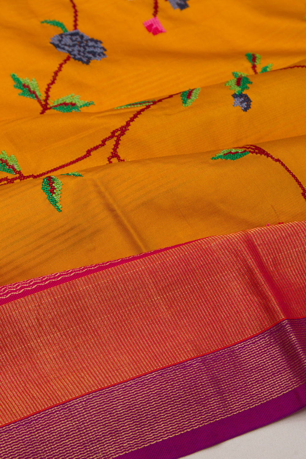 Banarasi Silk Floral Embroidery Mustard Saree With Ganga Jamuna Border