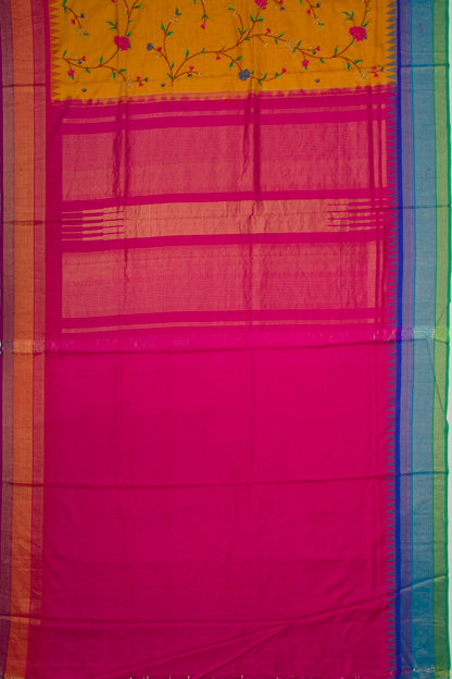 Banarasi Silk Floral Embroidery Mustard Saree With Ganga Jamuna Border