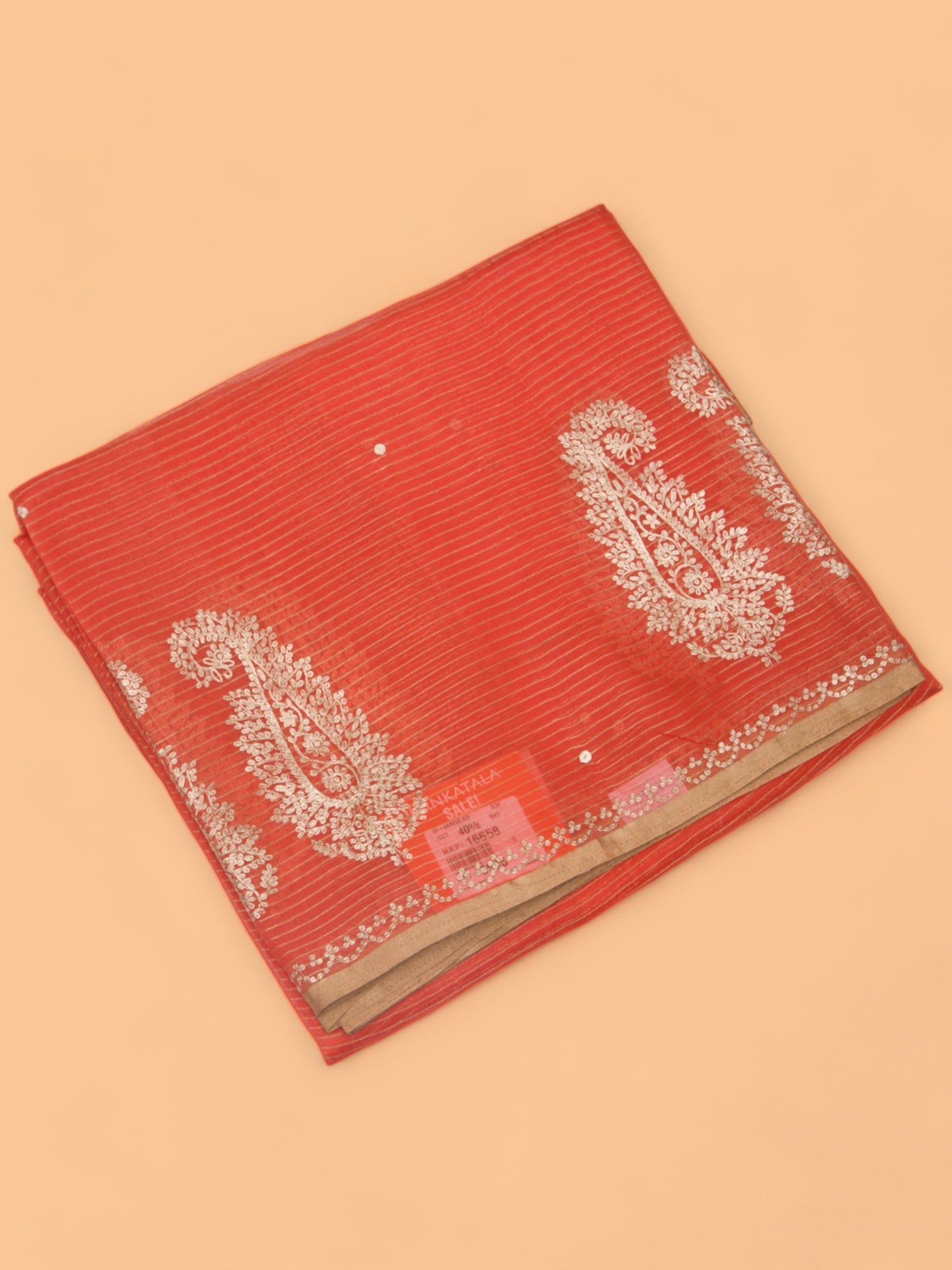 Organza Horizontal Lines And Butta Peach Saree