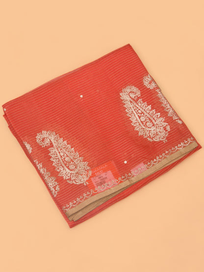 Organza Horizontal Lines And Butta Peach Saree