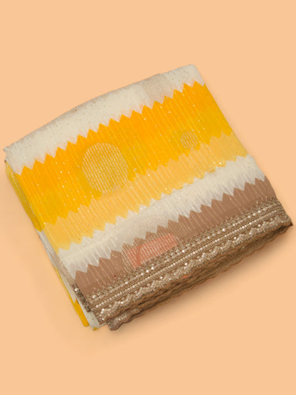 Georgette Silk Embroidery Lines Yellow And White Saree