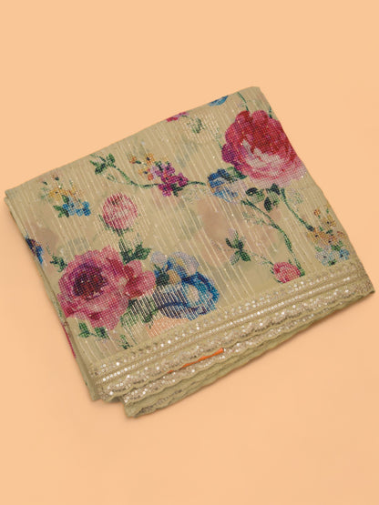 Georgette Silk Embroidery And Lines Cream Saree