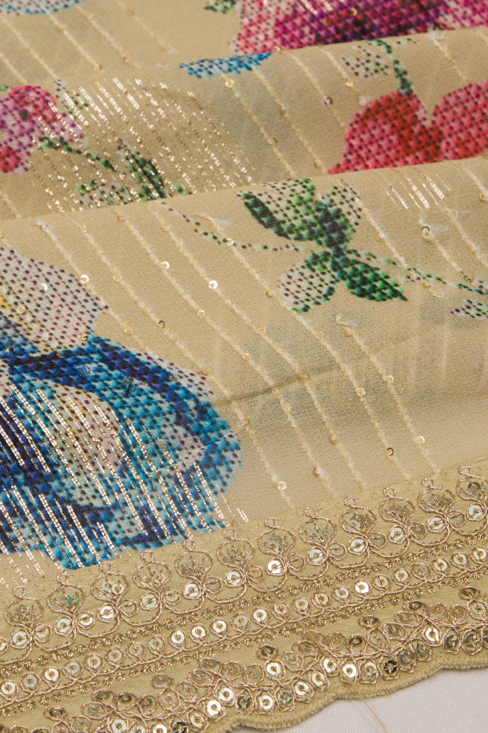 Georgette Silk Embroidery And Lines Cream Saree
