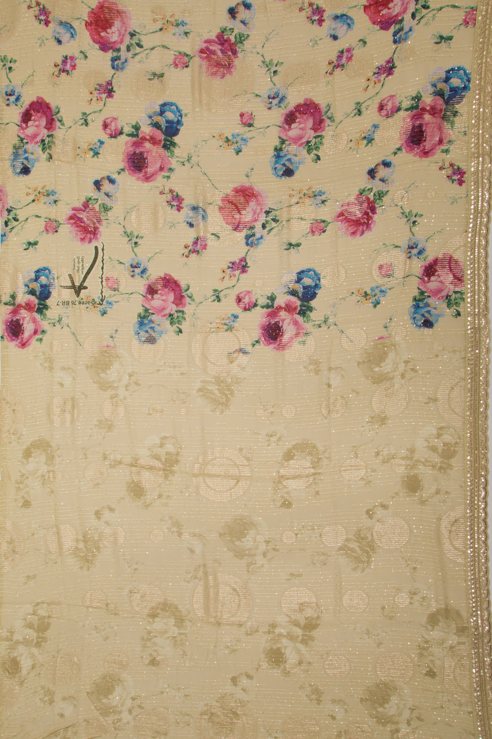 Georgette Silk Embroidery And Lines Cream Saree