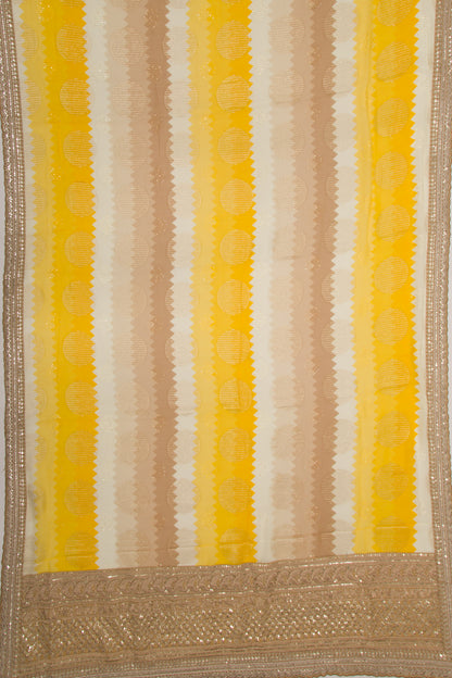 Georgette Silk Embroidery And Lines White And Yellow Saree