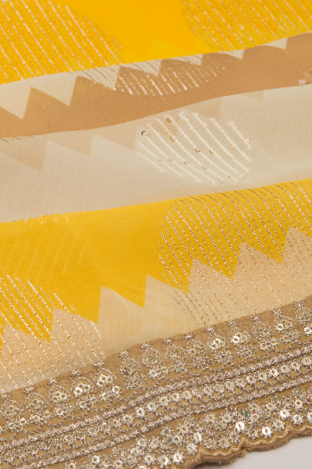 Georgette Silk Embroidery And Lines White And Yellow Saree