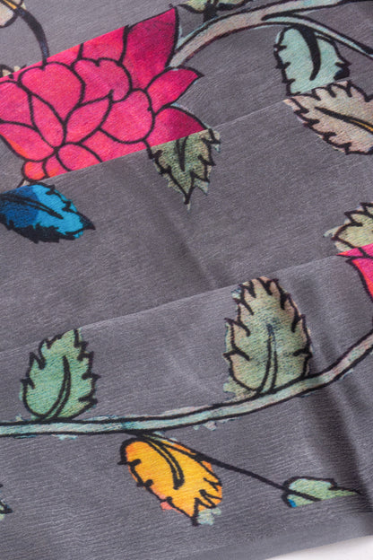 Satin Georgette Floral Printed Grey Saree