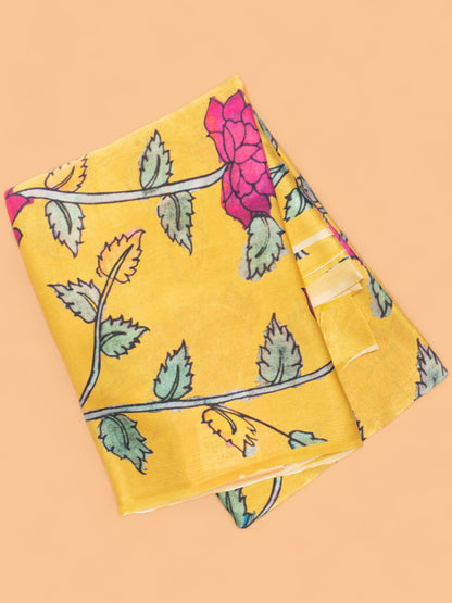 Satin Georgette Floral Printed Yellow Saree