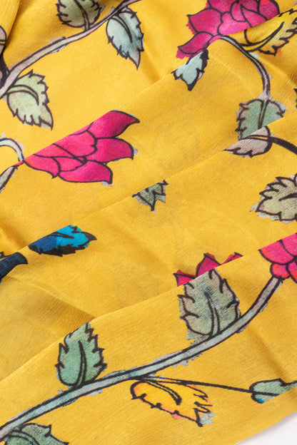 Satin Georgette Floral Printed Yellow Saree