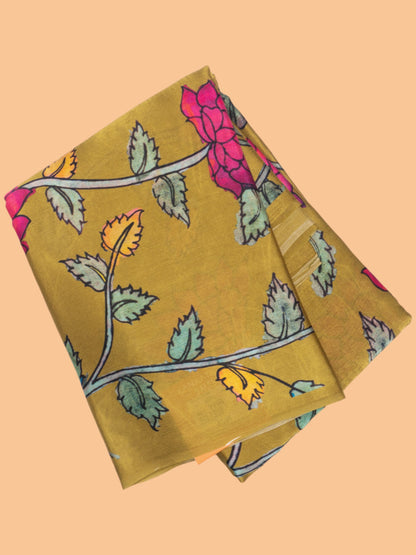 Satin Georgette Floral Printed Mehendi Green Saree
