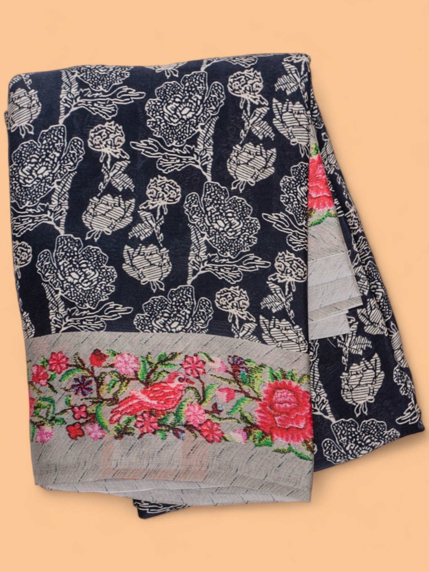 Satin Georgette Floral Printed Black Saree