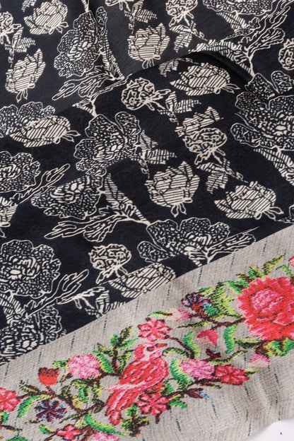 Satin Georgette Floral Printed Black Saree