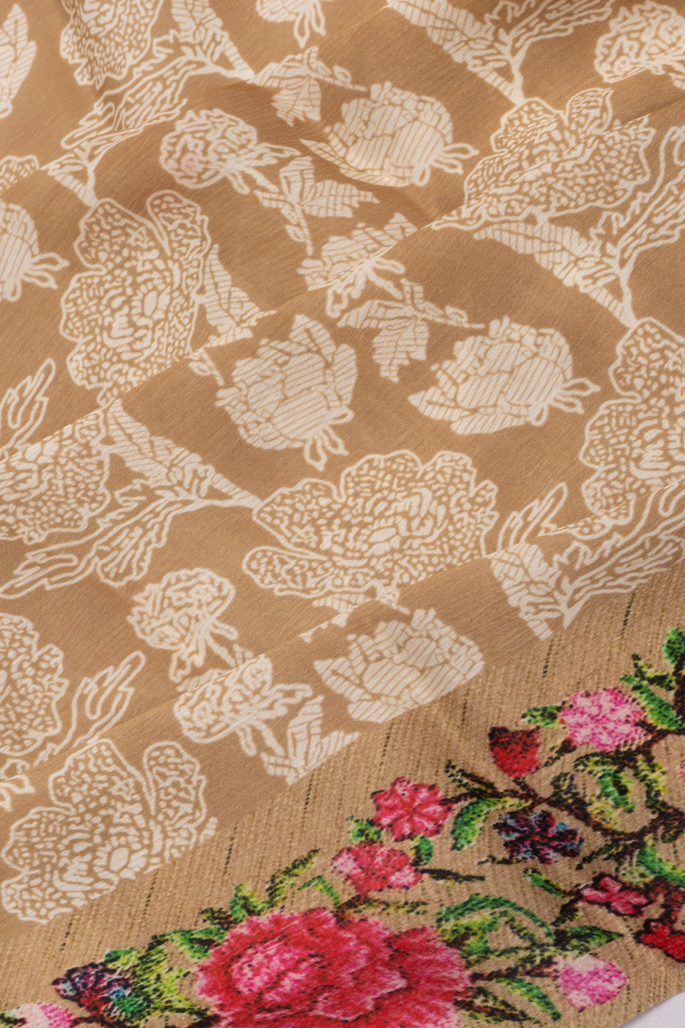 Satin Georgette Floral Printed Khaki Brown Saree