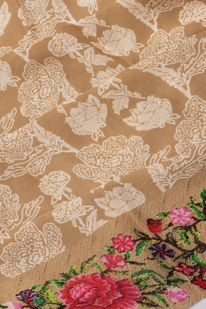 Satin Georgette Floral Printed Khaki Brown Saree