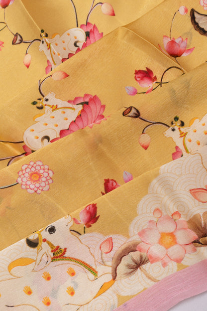 Satin Georgette Pichwai Printed Yellow Sareee