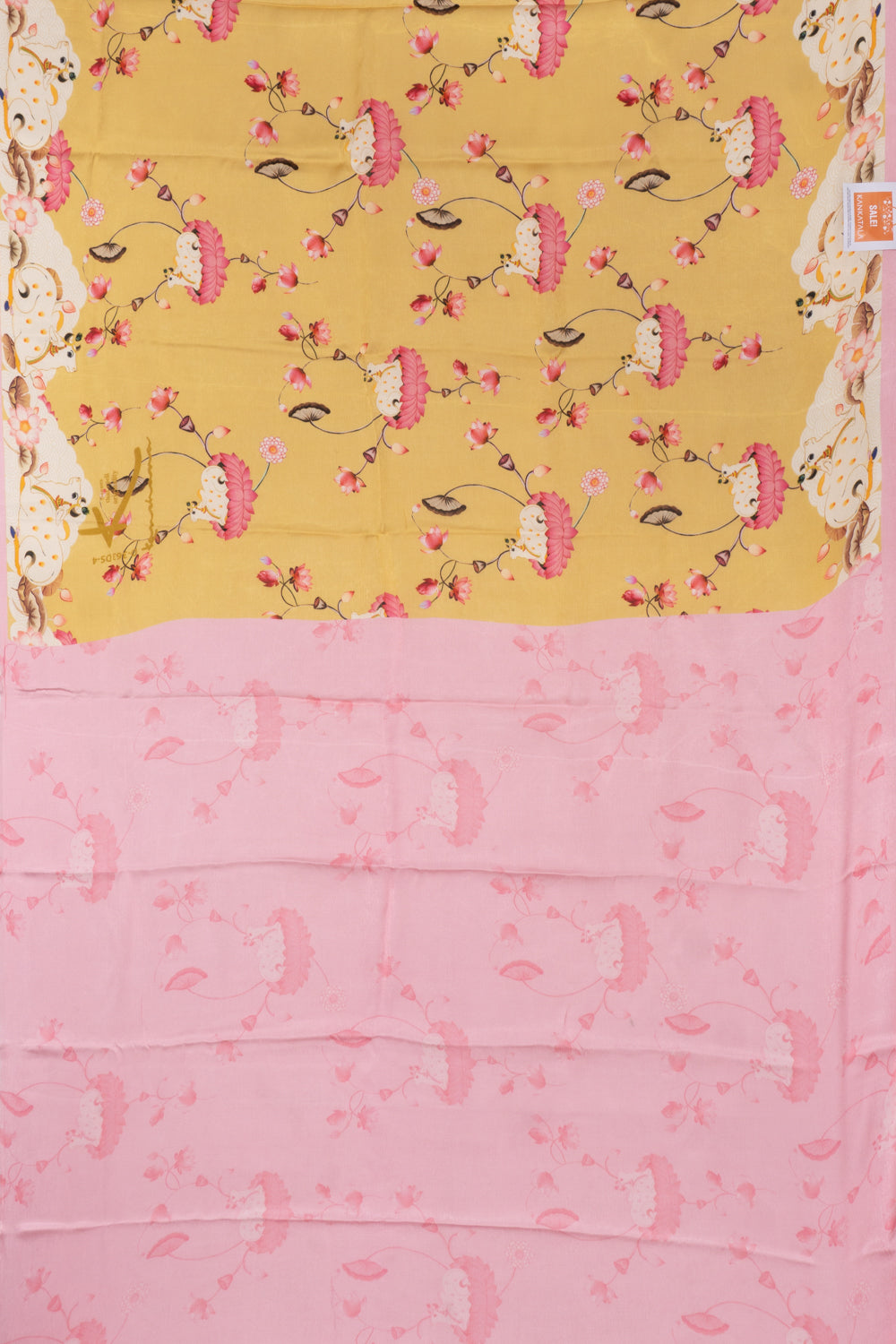 Satin Georgette Pichwai Printed Yellow Sareee