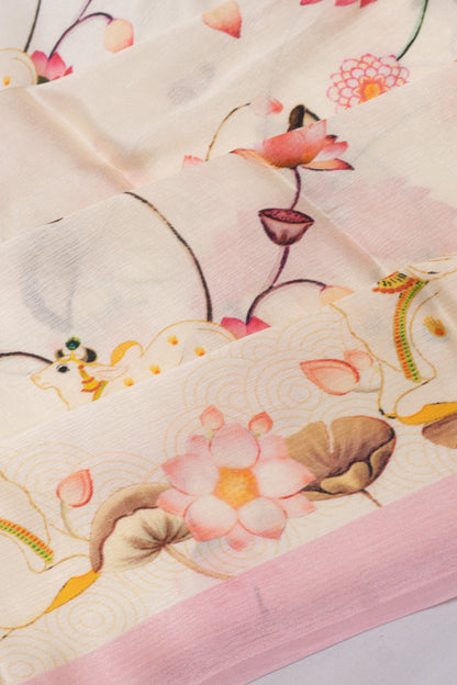 Satin Georgette Pichwai Printed Off White Saree