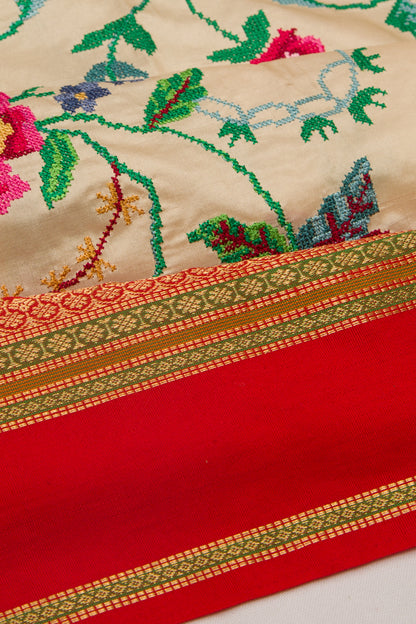 Soft Silk Embroidery Cream Saree