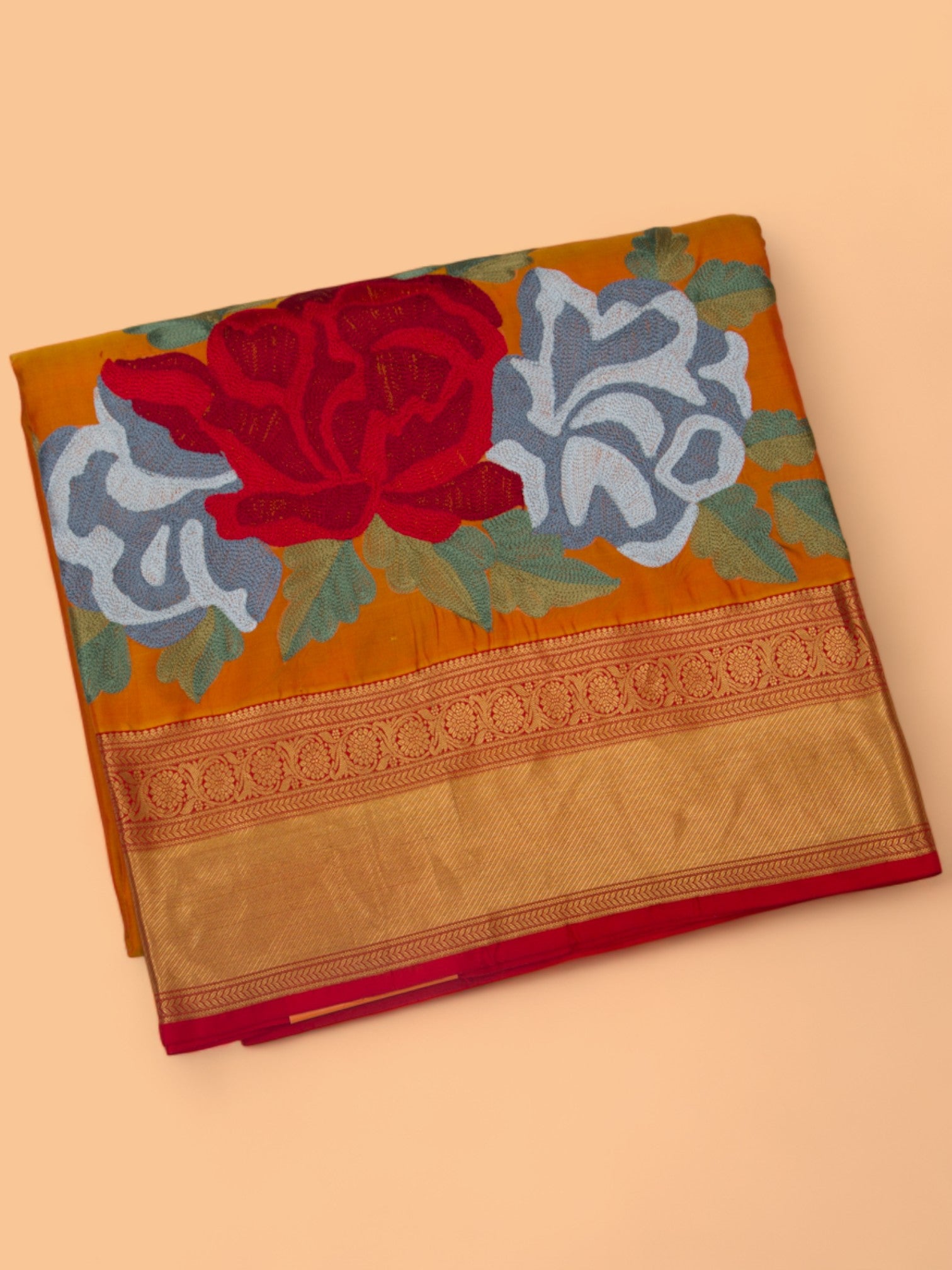 Soft Silk Embroidery Orange Saree