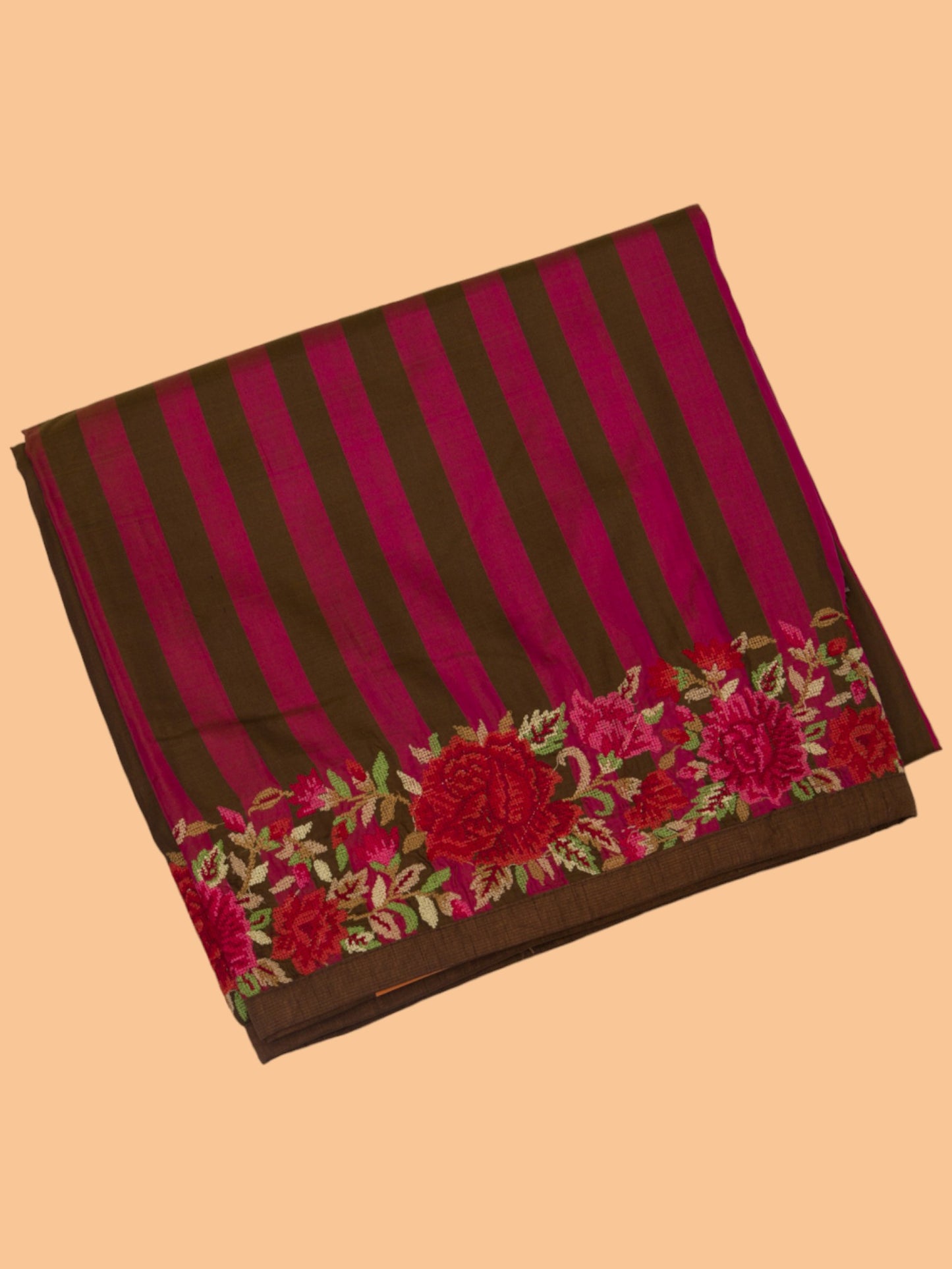 Satin Half And Half Vertical Lines Pink And Brown Saree