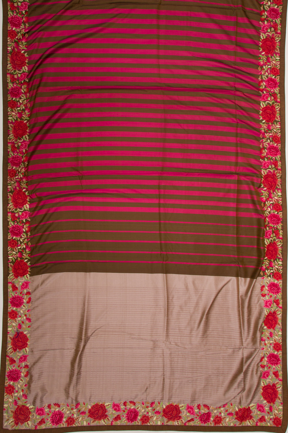 Satin Half And Half Vertical Lines Pink And Brown Saree