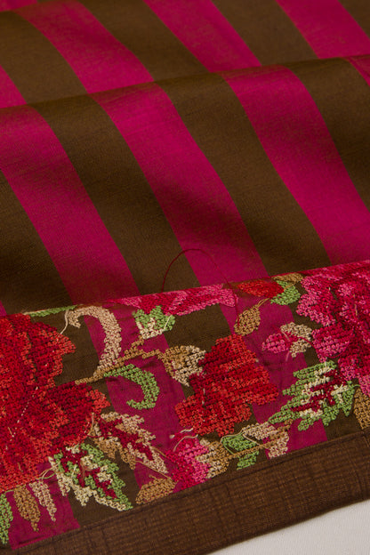 Satin Half And Half Vertical Lines Pink And Brown Saree
