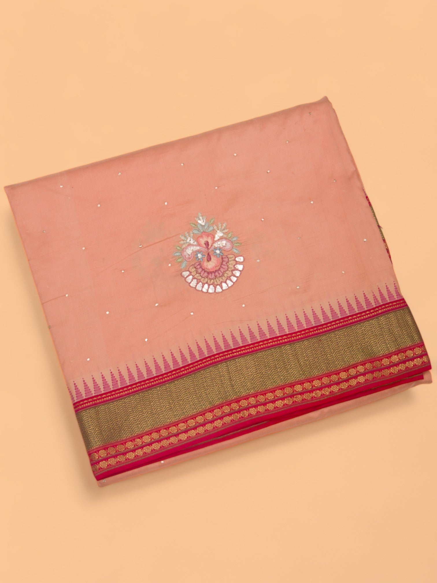 Soft Silk Embroidery Peach Saree