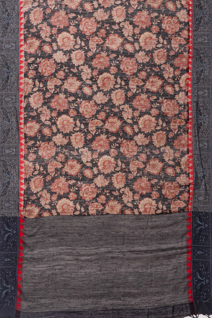 Tussar Floral Printed Black Saree