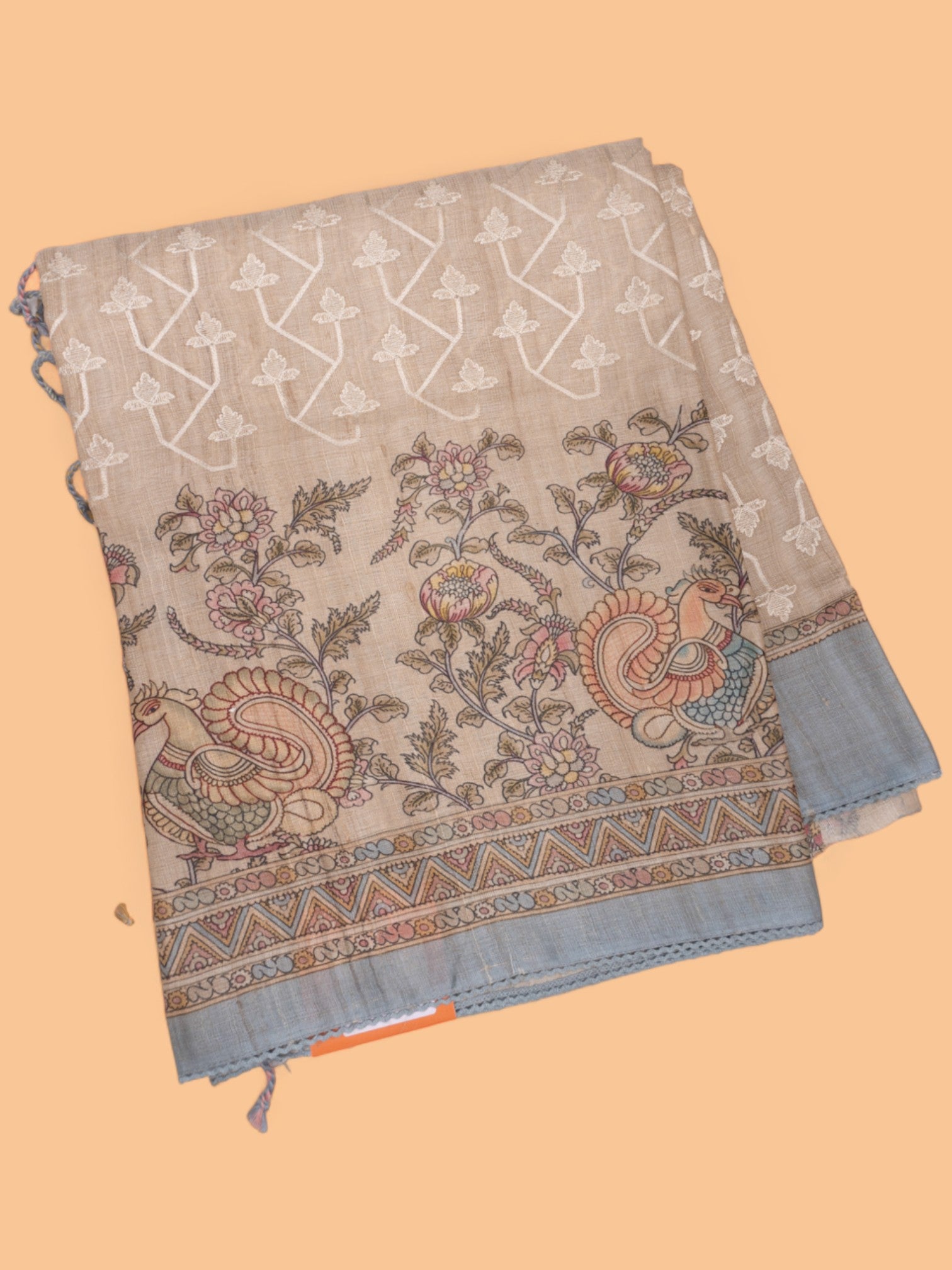 Tussar Printed And Embroidery Beige Saree
