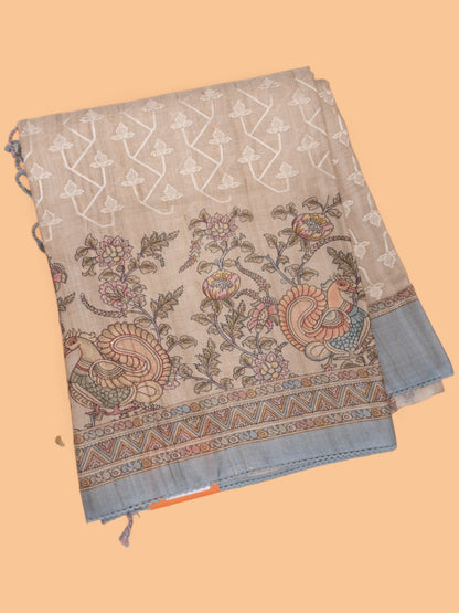 Tussar Printed And Embroidery Beige Saree