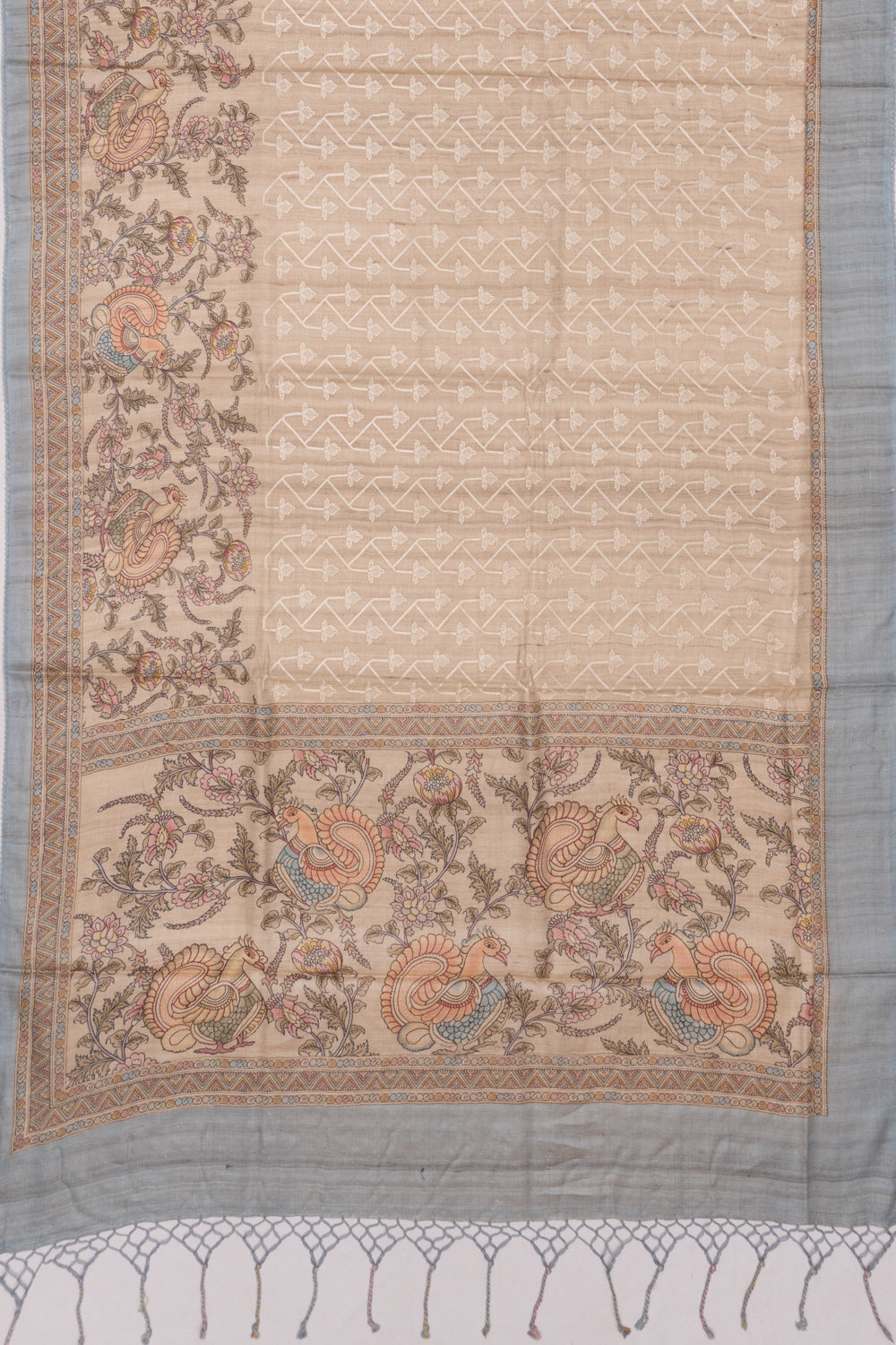 Tussar Printed And Embroidery Beige Saree