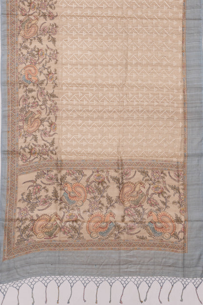 Tussar Printed And Embroidery Beige Saree