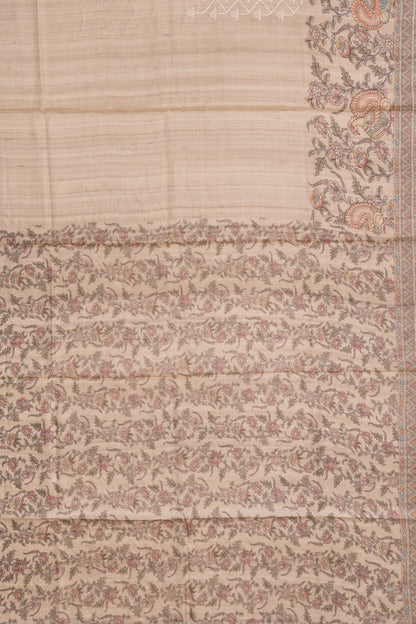 Tussar Printed And Embroidery Beige Saree