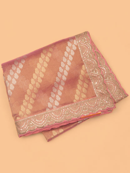 Organza Tissue Brocade Pink Saree With Sequin Work Border