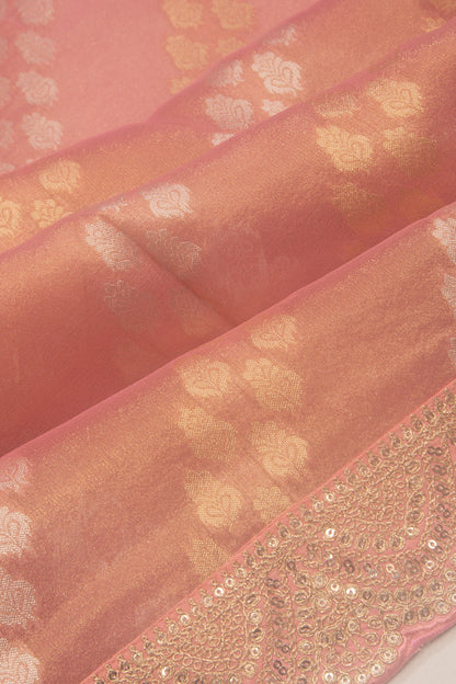 Organza Tissue Brocade Pink Saree With Sequin Work Border
