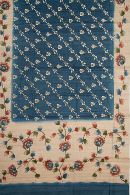 Tussar Floral Embroidery Blue Saree