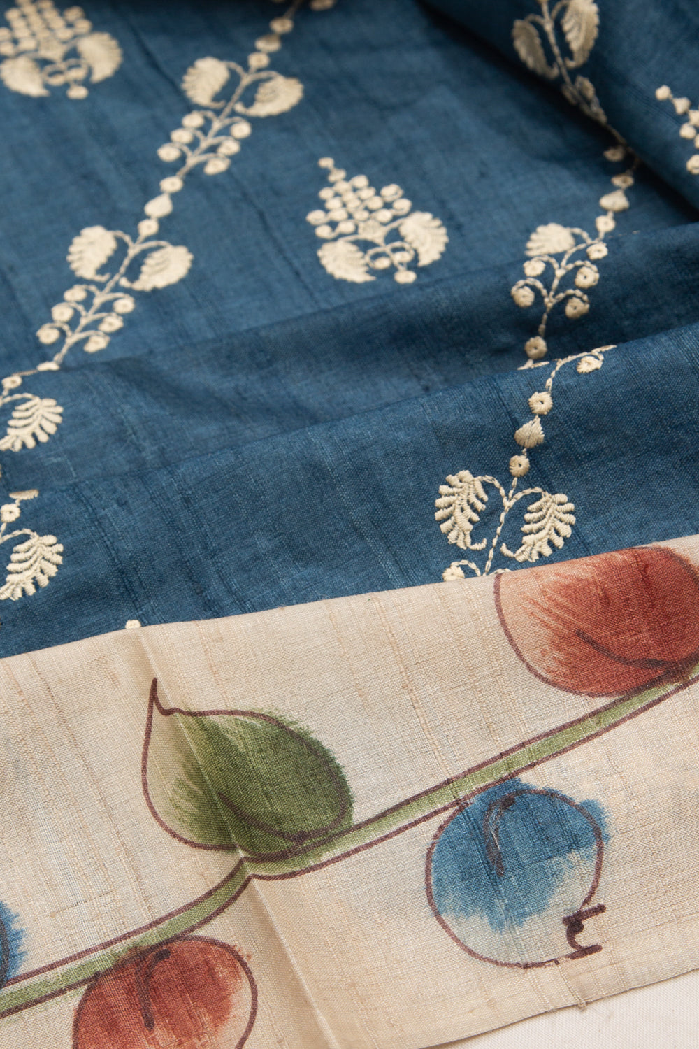 Tussar Floral Embroidery Blue Saree