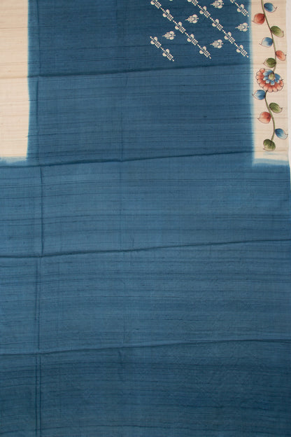 Tussar Floral Embroidery Blue Saree