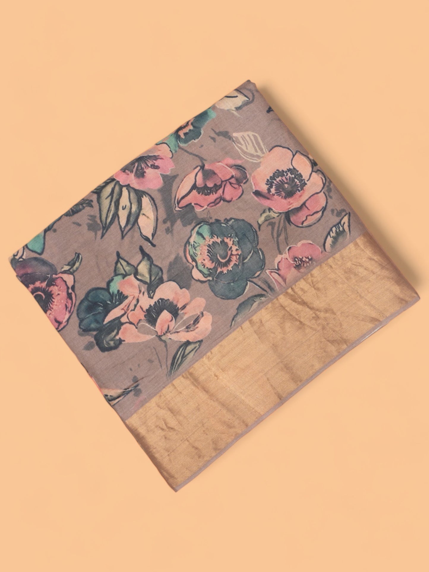 Tussar Floral Printed Beige Saree