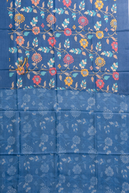 Tussar Floral Printed Blue Saree