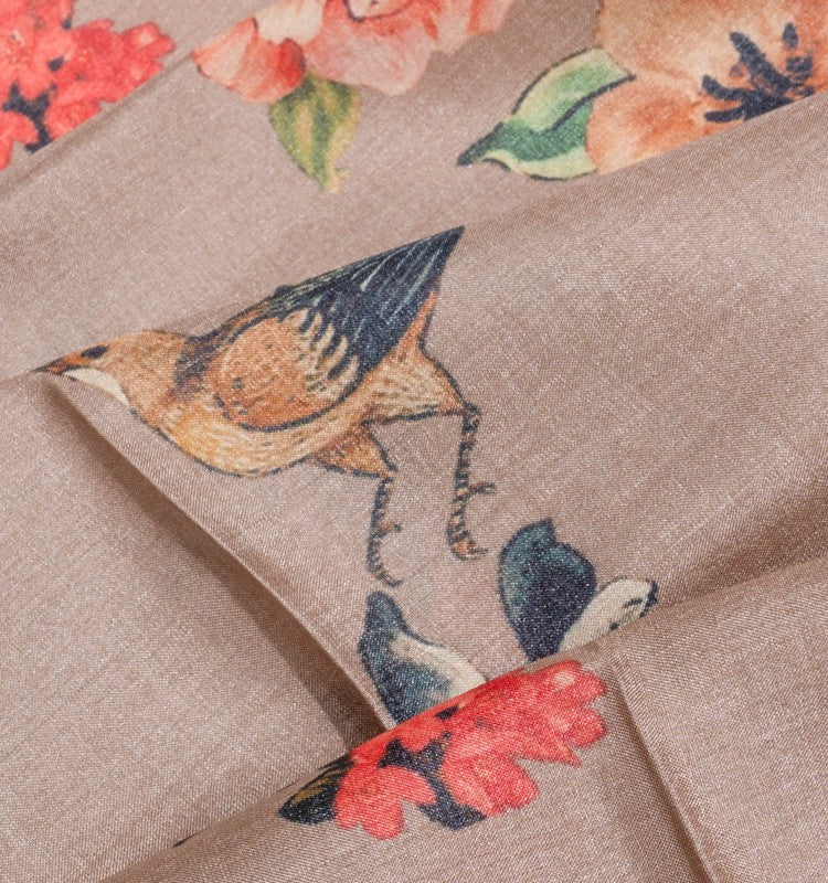 Tussar Floral Printed Sage Brown Saree