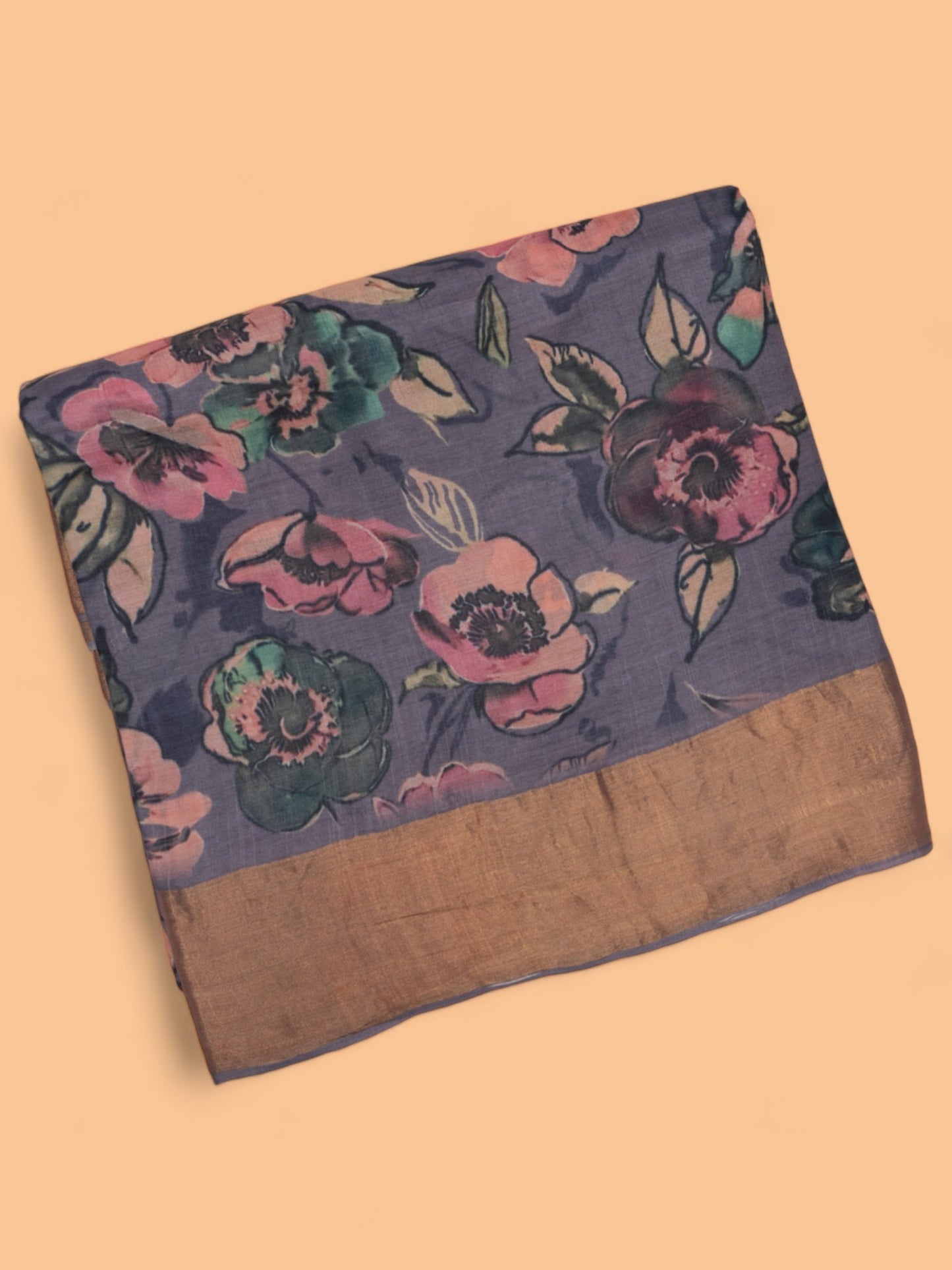 Tussar Floral Printed Dark Grey Saree