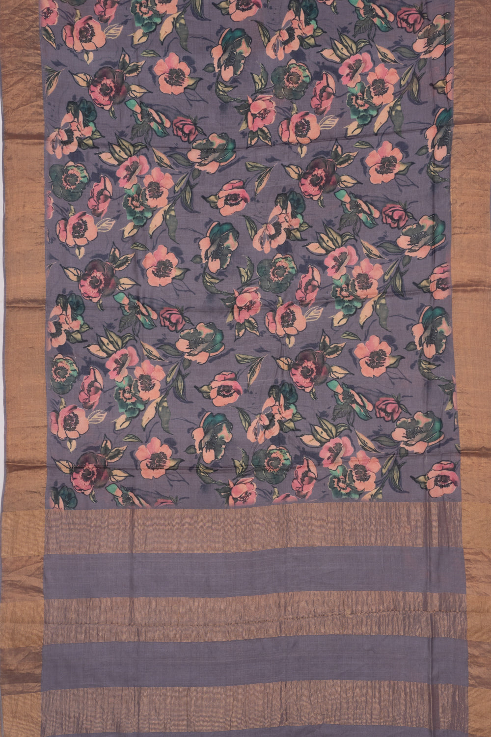 Tussar Floral Printed Dark Grey Saree