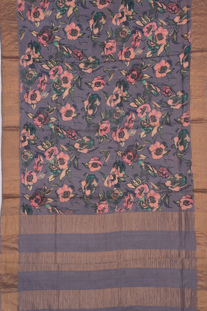 Tussar Floral Printed Dark Grey Saree