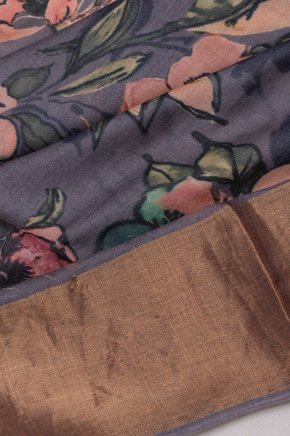 Tussar Floral Printed Dark Grey Saree