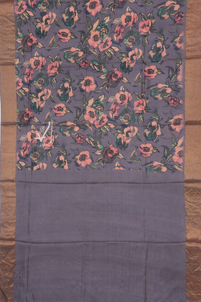 Tussar Floral Printed Dark Grey Saree