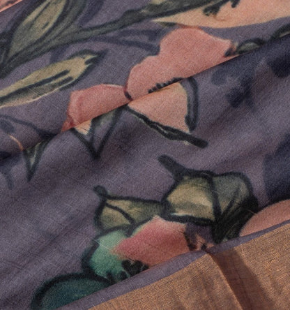 Tussar Floral Printed Dark Grey Saree