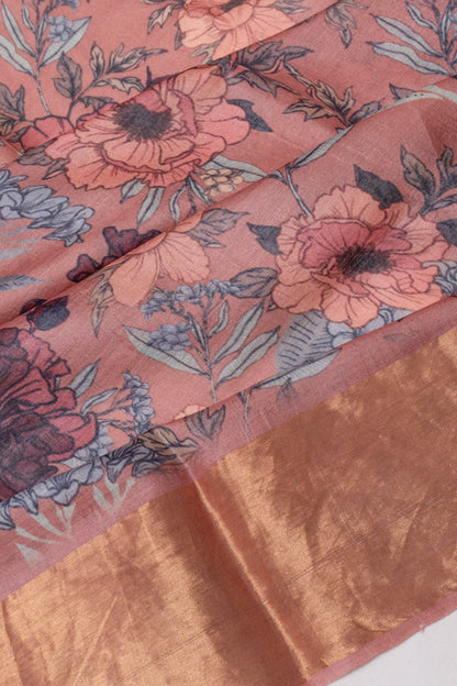 Tussar Floral Printed Brown Saree