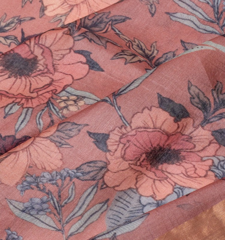 Tussar Floral Printed Brown Saree